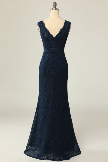 Robe mère fourreau en dentelle marine